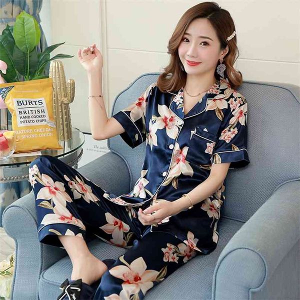 Yaz Bayan Pijama Set Seksi Ipek Saten Turn-down Yaka Gecelik Pijama Kısa Kollu Uzun Pantolon Artı Boyutu 3XL 4XL 5XL 210809