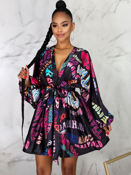 

casual dresses lady fan v-neck flared sleeve mid-length dress, Black;gray