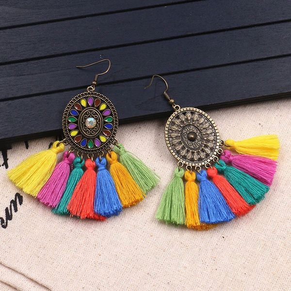 

colorful tassel retro vintage boho ethnic dream catch fringe dangle drop hanging earings for women charm jewelry gifts, Silver