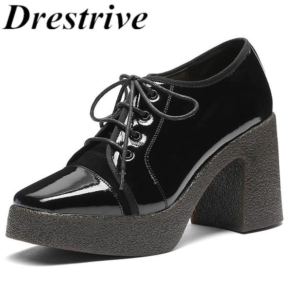 

dress shoes drestrive patent leather women's pumps thick heels lace up platform black 2021 fashion female high heel shallow square toe