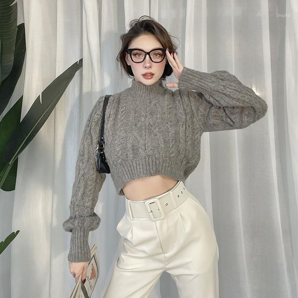 

autumn winter lazy style soft comfortable knitted gray turtleneck lantern sleeve sweaters for women crop casual women's, White;black