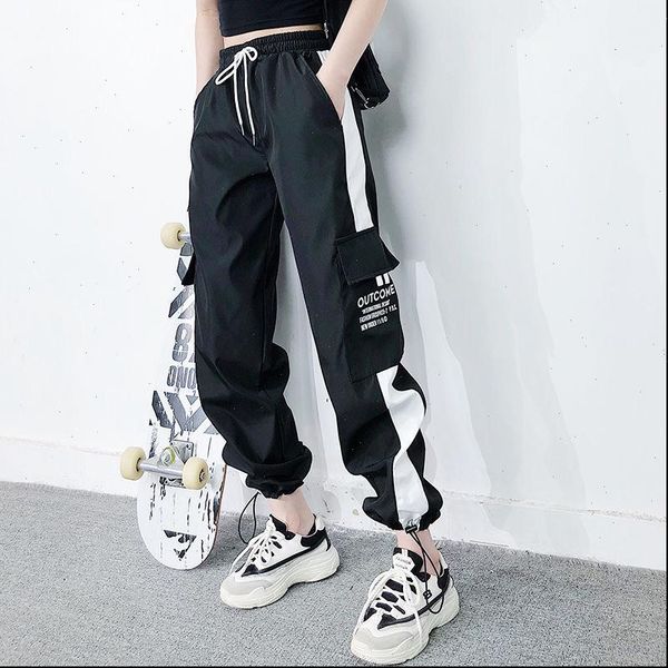

high waist drawstring streetwear cargo pants women fashion big pocket letter printed loose jogging trousers casual harem pants, Black;white