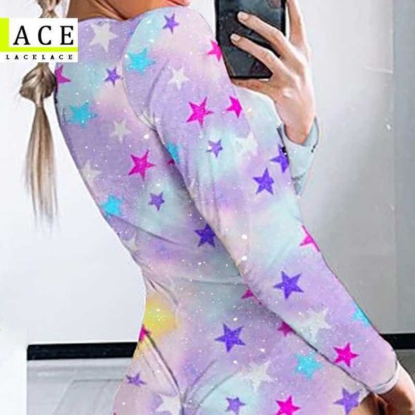 Mulheres para adultos Flamingo Flamingo Sexy Pajama Manga Longa Sleepwear Onesies Plus Size Apertado Alta Elastic Bodysuit XXXXL 5XL Q0706