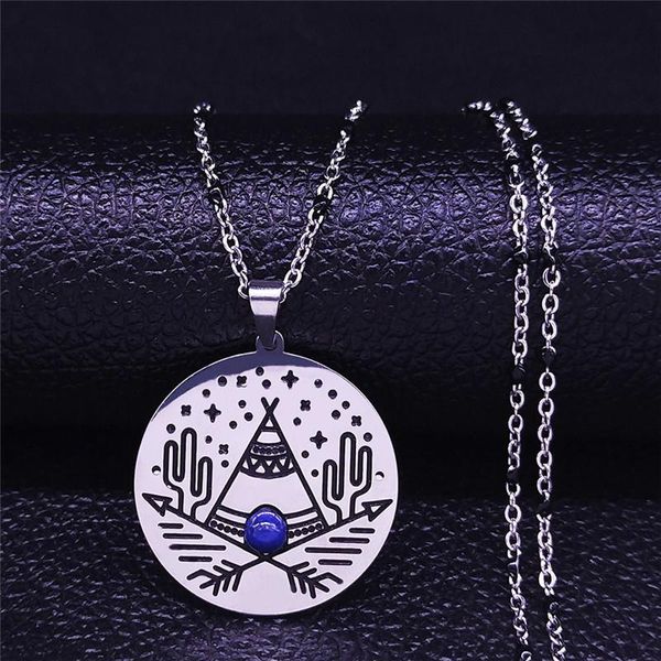 

pendant necklaces boho cactus tent bow and arrow natural stone stainless steel silver color charm jewelry collier femme nxs04
