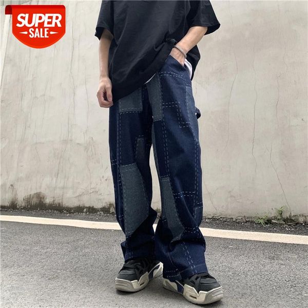 

checkered color block plaid jeans mens streetwear straight oversize casual denim trousers washed ripped loose hip hop jean pants #1w0m, Black
