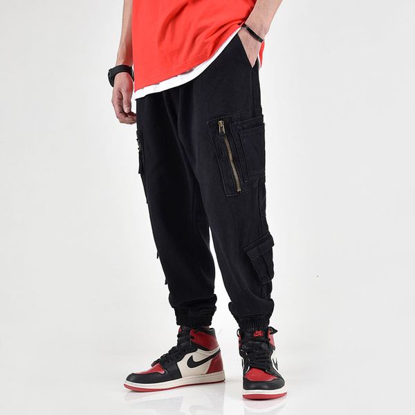 

japanese style fashion men jeans loose fit multi pockets cargo pants black khaki gray color hip hop jeans men joggers pants, Blue