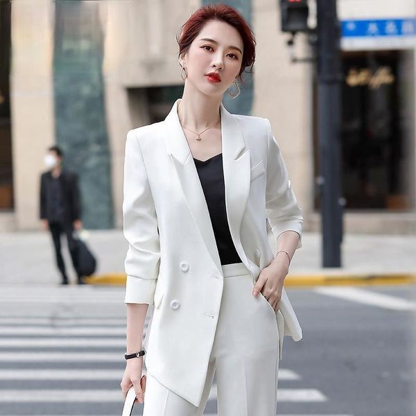 

women's two piece pants women 2021 spring fashion 2 sets female blazer solid color jackets ladies thin long trousers office suit lady f, White