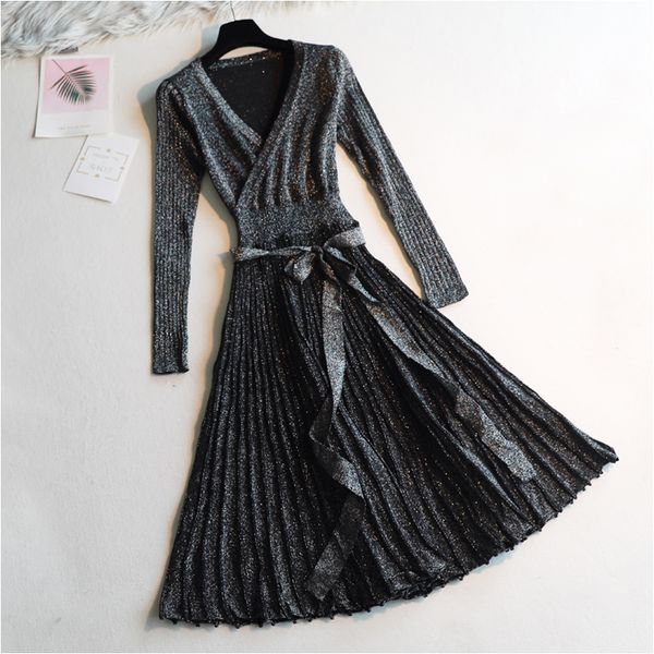 

2021 spring autumn elegant shiny a-line lady sweater dress women long sleeve v-neck midi femaleglitter ol luxury knit dresses, Black;gray