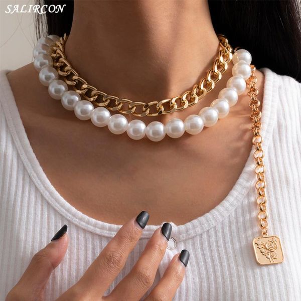 

chains punk imitation pearl beaded chunky chain necklace for women men kpop geometric flower pendant gothic fashion jewerly, Silver