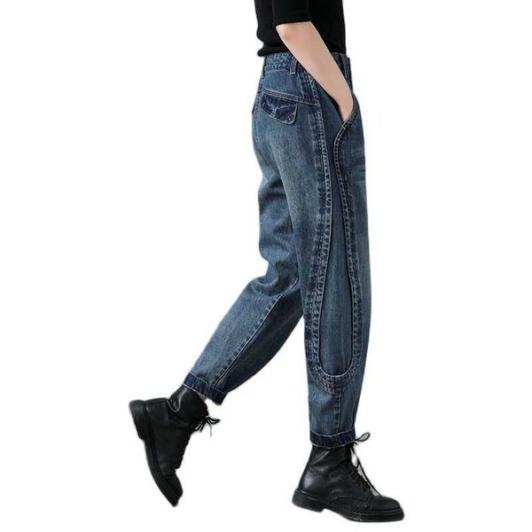 

women streetwear pleated mom jeans high waist loose slouchy pockets boyfriend pants casual ladies denim trousers 210601, Blue