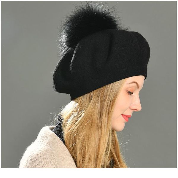 

women berets hat winter female casual knitted wool berets with natural raccoon fur pom pom spring ladies solid color be jlluos