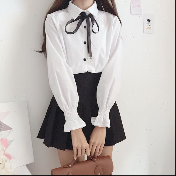 

new cute bow college wind shirt female flare sleeve women blouse harajuku uniform shirt up white blouses woman
