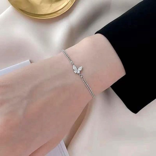 

link, chain zircon shining butterfly bracelet for women silver color girls korean style female fashion jewelry, Black