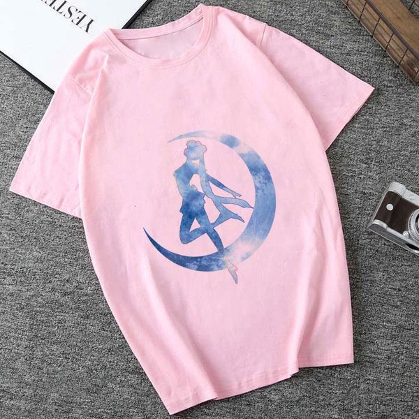 

cartoon sailor moon summer new fashion pink t shirt women short sleeve t-shirt cute cat tshirt 90s girls tee, White