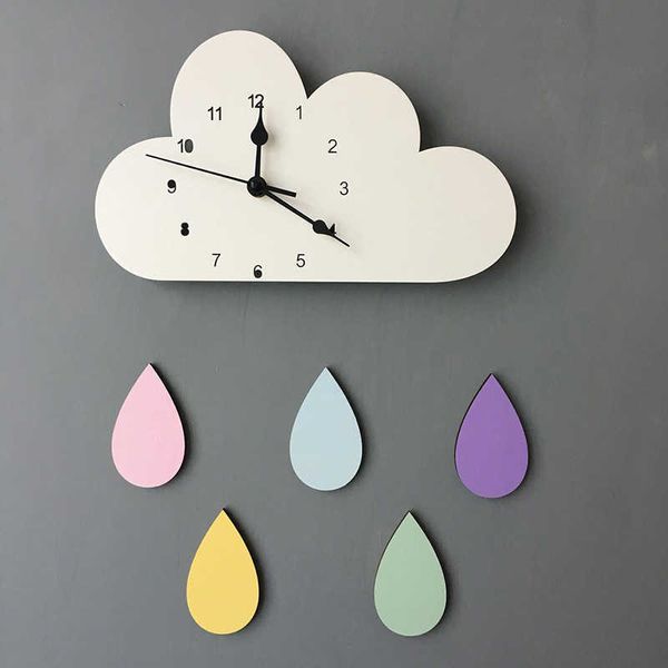 Ins Nordic Bonito Nuvem Forma Raindrop Relógio de Parede Monocromático Para Crianças Crianças Quarto Decoração Decoração Figurines Pograpy Adereços 210724