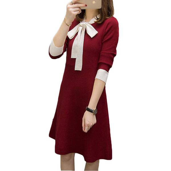 

casual dresses autumn winter women knitted sweater dress bow pullover large size long-sleeved knit office elegant vestidos, Black;gray