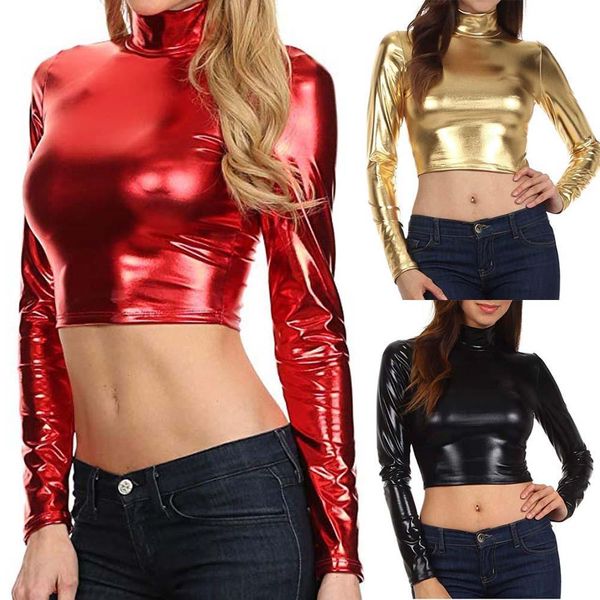 

ladies metallic liquid t-shirt party mock turtleneck leather long sleeve cropped shirt for women streetwear, White