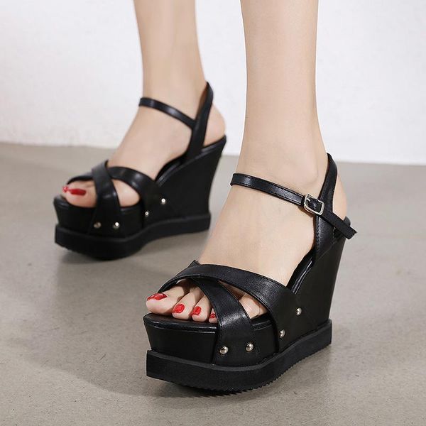 

sandals women's peep toe summer wedges ladies open toes platform heels rivet buckle causal shoes sandalia feminina plus size 41, Black