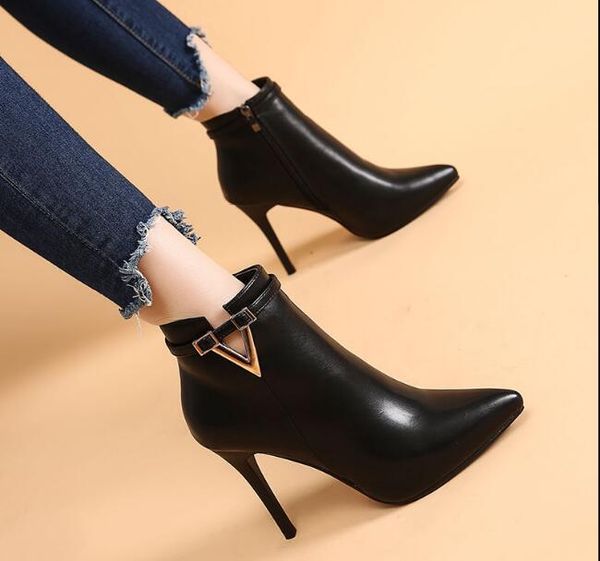 

boots women fashion ankle platform high heels female stiletto pointed shoes women's buckle woman red short boot ladies, Black