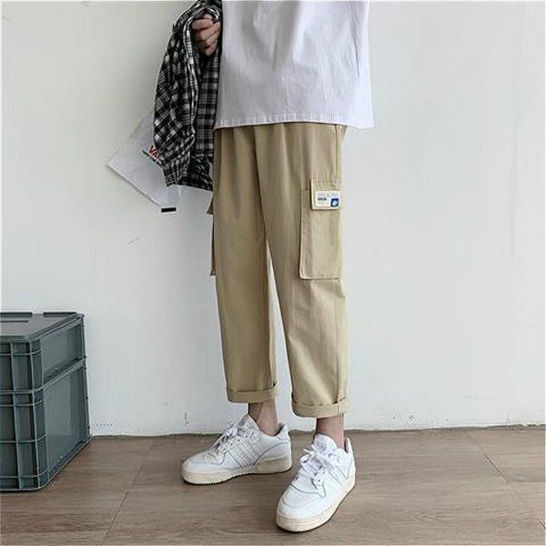 

men's pants men casual solid various color straight ankle-length elastic waist fashion simple loose streetwear all-match korean style, Black