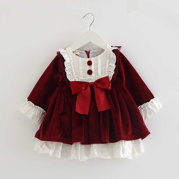 Toddler Girl Red Vintage Velvet Dress Bambini Lace Bow Lolita Princess Abiti Baby Christmas Frocks Kids Spanish Vestidos 210615