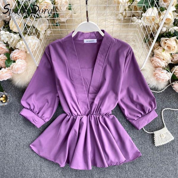 

women's blouses & shirts summer female blouse fashion simple temperament half sleeve pure color lotus leaf pendulum tie waist women top, White