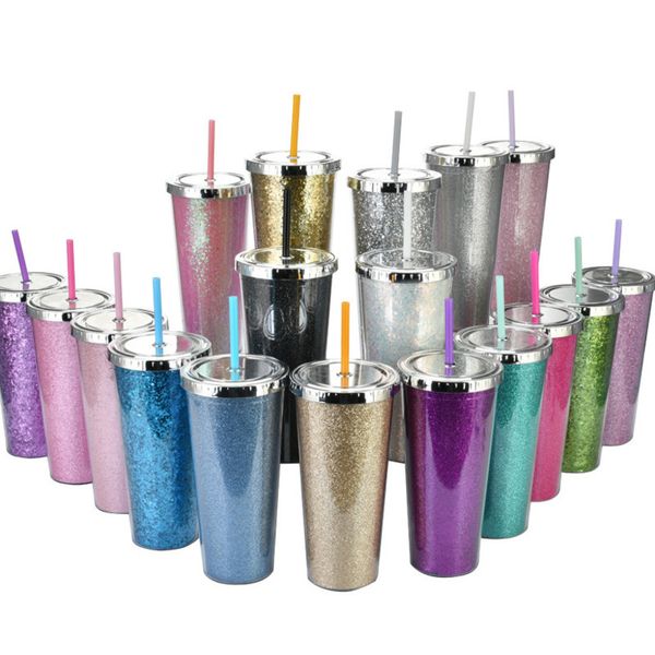 

with lid 24oz glitter plastic straw cup double layer straight plastic water bottle coated bright colors coffee mug bar party cups h380wlj