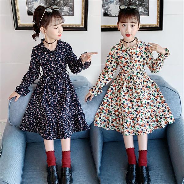 

girls winter long sleeve girl dress floral autumn thicken kids princess for clothing children 12 13 years, Red;yellow