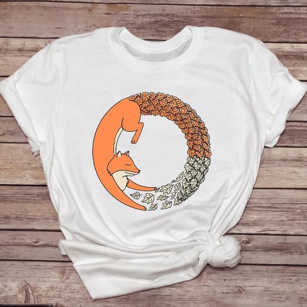 

cartoon fashion short sleeve women t shirts trend cute fox animal ladies print graphic lady shirt female tee, White