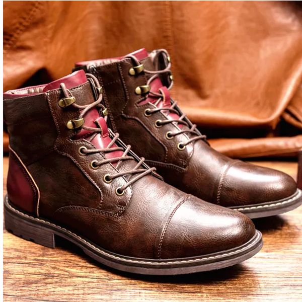 

men fashion work clothes short martin boots pu leather color matching lace up low heel round head classic daily british style dh336, Black