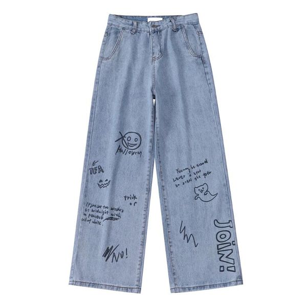 

women's jeans 2021 cartoon graffiti design sense embroidery wide leg women spring autumn straight loose denim pants student, Blue