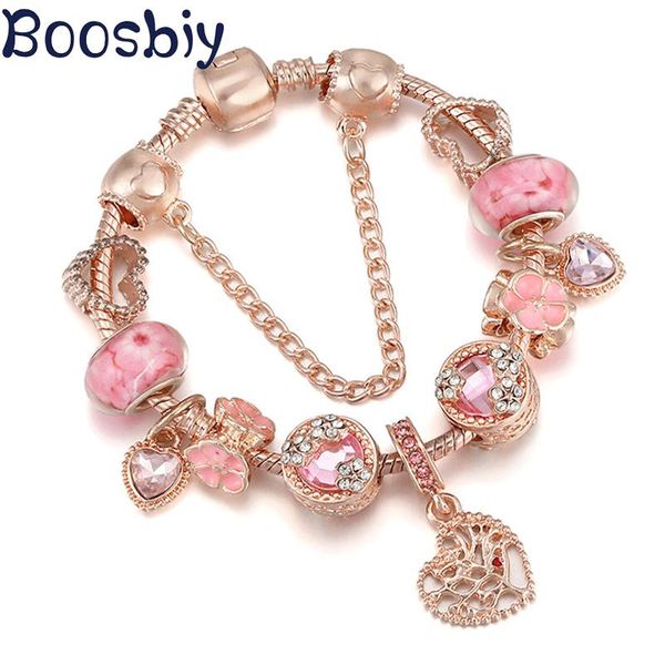 

charm bracelets rose gold color love tree pendant bracelet with pink flower beads diy brand for women jewelry gift arrival, Golden;silver