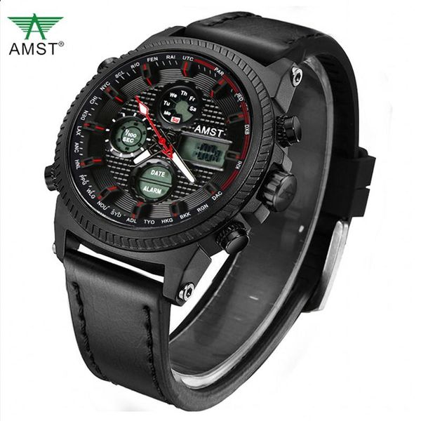 

wristwatches mens watches dual movement luxury fashion sport waterproof japan quartz leather strap army male clock am3031, Slivery;brown