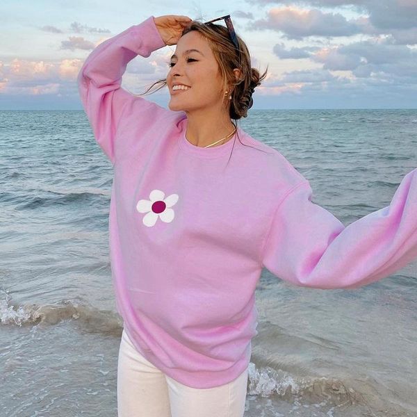 

women's hoodies & sweatshirts fashion flower printed solid color casual crewneck white pink hoodie long sleeve pullover for autumn 202, Black