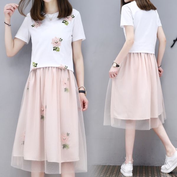

2021 new casual summer women 3d floral pattern cotton t-shirts + elastic upper waist midi mesh skirt 2 piece defines woman's suit h58 l, Black;gray