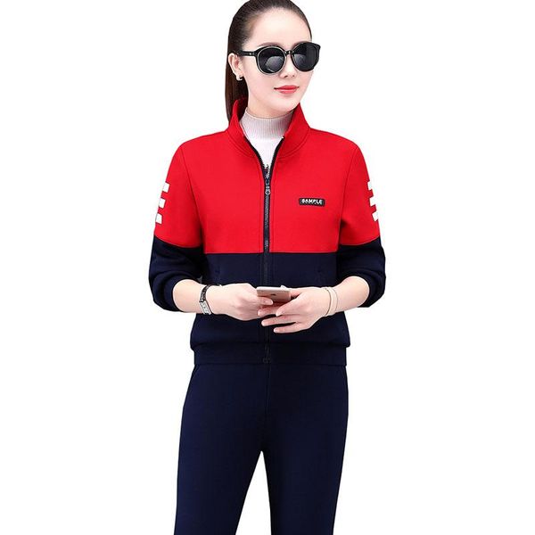 

women's two piece pants fashion women autumn suit large size casual sports running stand collar three-piece stitching trouser suits ok7, White