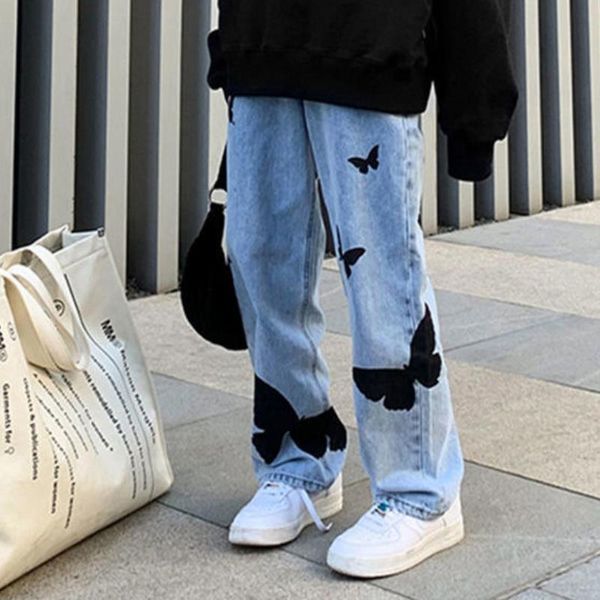 

women's jeans butterfly vintage straight high waist women 2021 summer loose large size casual hip hop harajuku pants plus 3xl 4xl, Blue