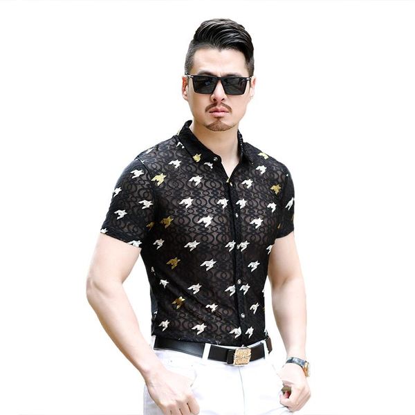 

men's casual shirts male summer transparent clothes fashion mesh hollow short sleeve men see through dress shirt, White;black
