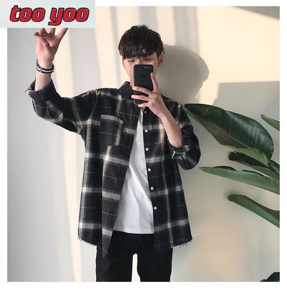 

men's casual shirts spring and autumn trends plaid shirt long-sleeved brushed baggy coat, White;black