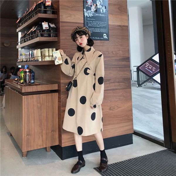 

casual dresses sweet turn-down collar spring fall korean style fashion brand women's clothing polka dot long sleeve dress high quality, Black;gray