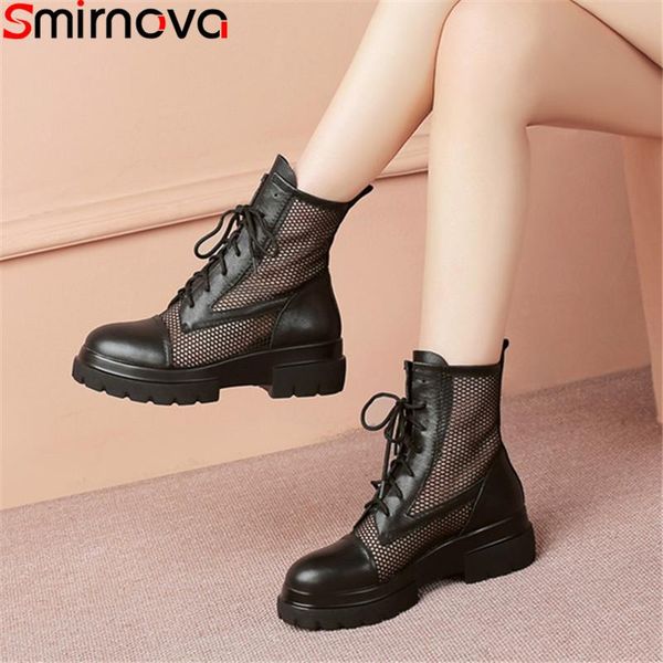 

boots smirnova 2021 ankle for women round toe lace up ladies shoes ventilation mesh genuine leather big size, Black