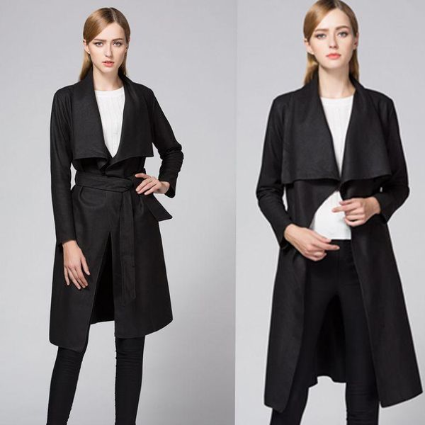 

women's trench coats european american foreign trade style lapel cardigan lace-up waist was thin woolen coat fashion r, Tan;black