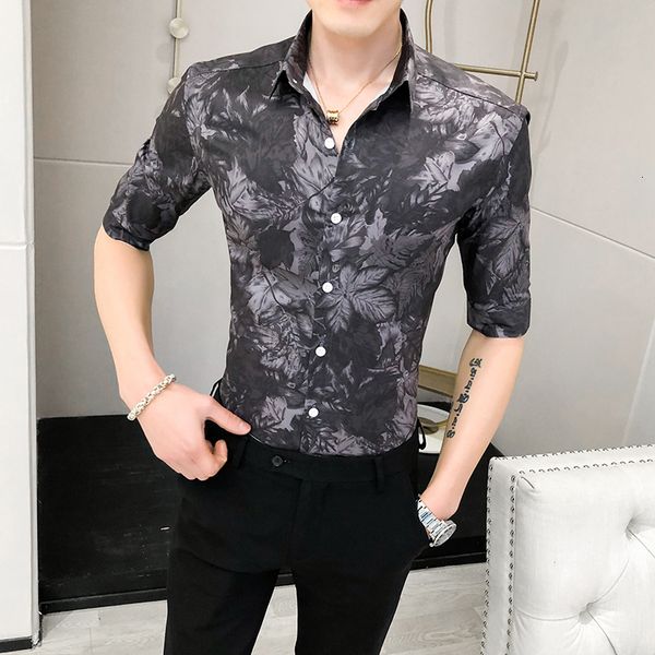

2021 new estilo britnico primavera vero meia manga masculina camisas casuais moda impresso digital magro ajuste clube noite streetwear blusa, Black;brown