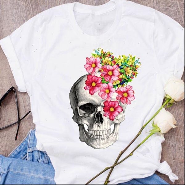 

women graphic flower skull cute short sleeve print halloween clothing clothes lady tees female t shirt womens t shirt, White