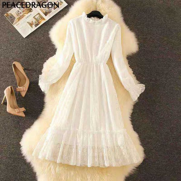 

casual dresses women 2021 spring autumn elegant lace dress female long sleeve solid ladies slim a-line bottoming vestidos, Black;gray