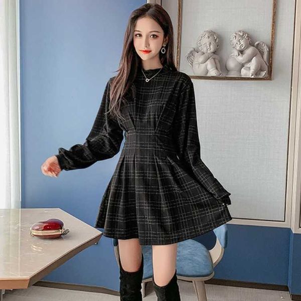 

spring autumn women fashion long sleeve plaid stand collar female retro high waist ruched mini dress 210526, Black;gray