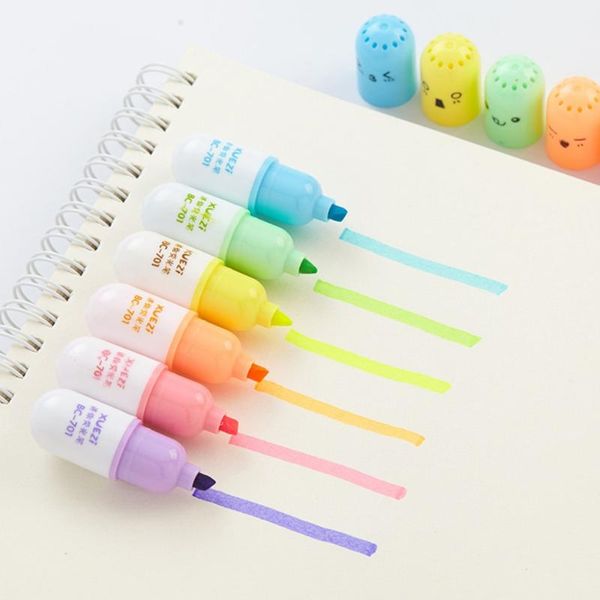 

highlighters 6 pcs/set mini shaped highlighter pens for writing cute face graffiti marker pen korean stationery school office supplies, Black;red
