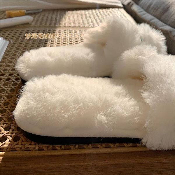 

slippers winter women house faux fur fashion warm shoes woman slip on flats female slides letters embroidery home furry, Black