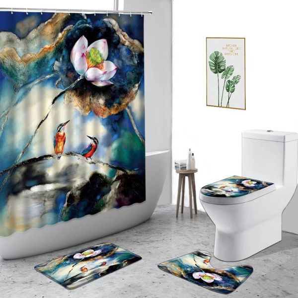 

shower curtains lotus curtain color oil painting flowers bathroom decor 4-piece set non-slip carpet toilet cover bath washable