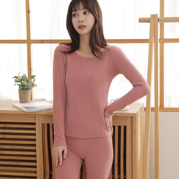 

cationic double-sided teflon traceless thermal underwear set women's and winter plush thickened round neck bottomed autumn clothes, Black;pink